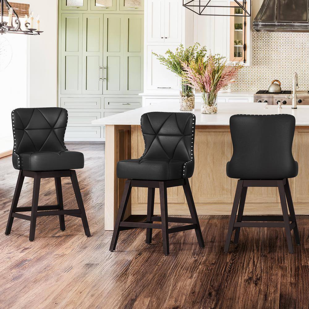 Black Faux Leather Swivel Counter Stools with Wood Frame, Set of 3