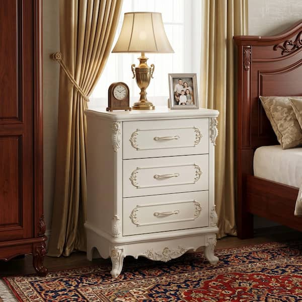 23.6 in. W White Rectangle Wood End Table, Side Table, Nightstand with 3-Drawers and European Court Style Carved Flowers