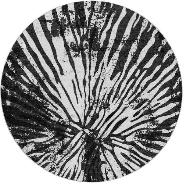 Dream Shag Premium Machine Washable Abstract ADS818 Black 8 ft. x 8 ft. Round Rug