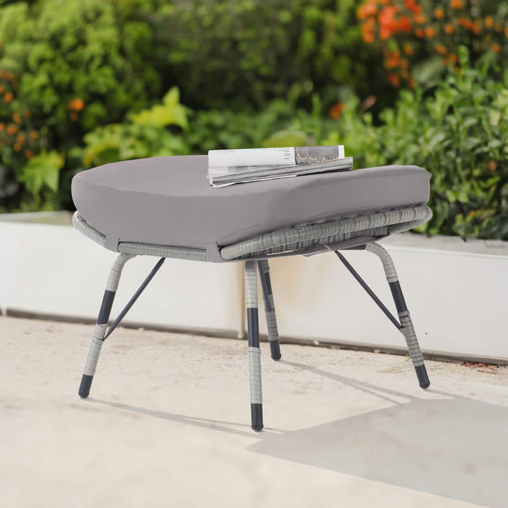Gray Wicker All Weather Rattan Outdoor Ottoman with Removable Light Gray Cu