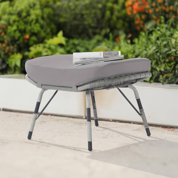 SANSTAR Gray Wicker All Weather Rattan Outdoor Ottoman with Removable Light Gray Cushions