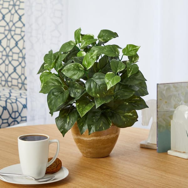 Nearly Natural 14 in. Pothos Artificial Plant in Ceramic Planter
