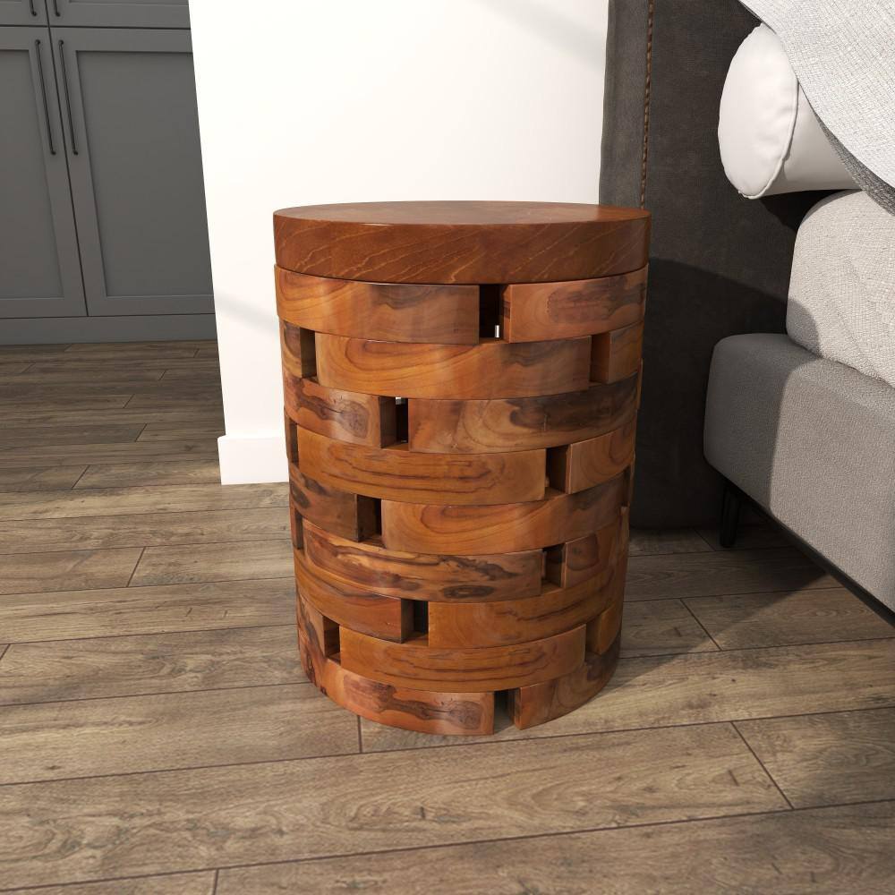 Light Brown Teak Wood Round Live Edge Accent Table 14" x 18"