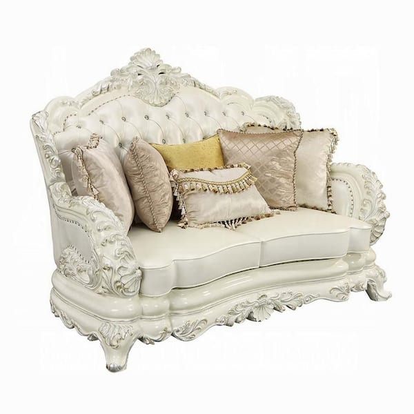 Rox 42 in. White Faux Leather 2-Seater Loveseat with 7-Accent Pillows and Tufted