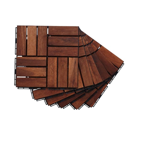 Otryad 20-Piece Interlocking Deck Tiles, 12 in. x 12 in. Brown Checker Pattern Acacia Wood Outdoor Patio Flooring Tile