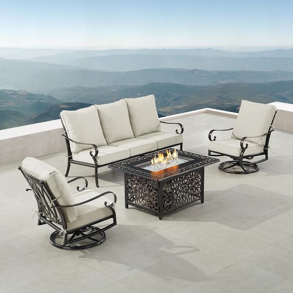 Oakland Living Black Aluminum Fire Table Set with Sofa and 2-Club Chairs