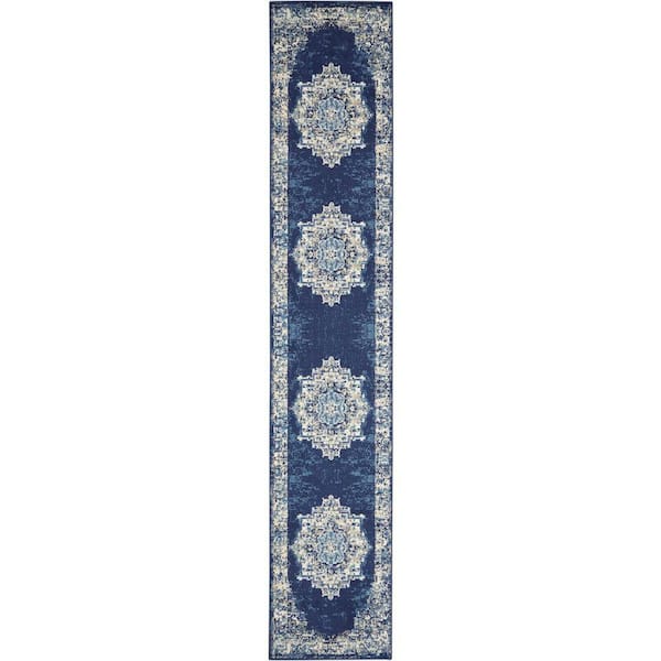 Nourison Grafix Navy Blue 2 ft. x 12 ft. Persian Medallion Transitional Kitchen Runner Area Rug