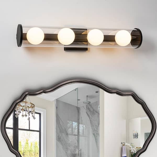 LLHZSY 23.8 in. 4-Light Modern Black Linear Dimmable Bathroom Vanity Light with Glass Shades