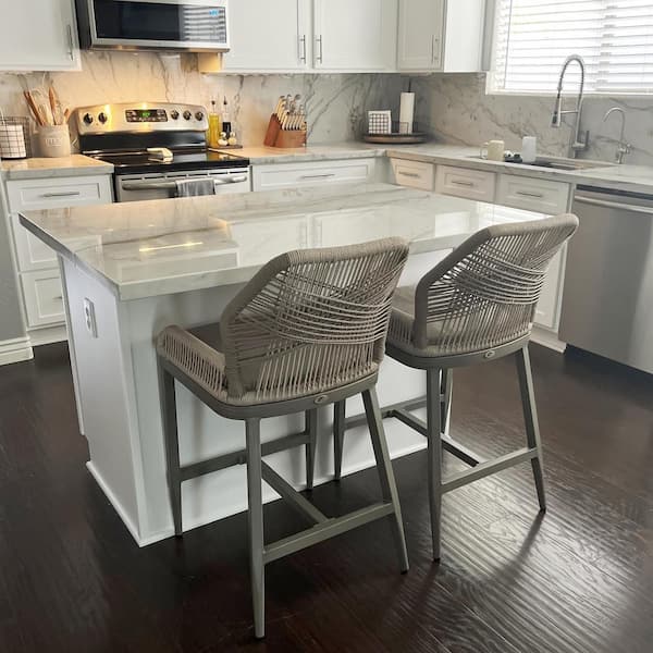 PURPLE LEAF Modern Aluminum Twill Wicker Woven Counter Height Outdoor Bar Stool with Back and Light Gray Cushion (2-Pack)