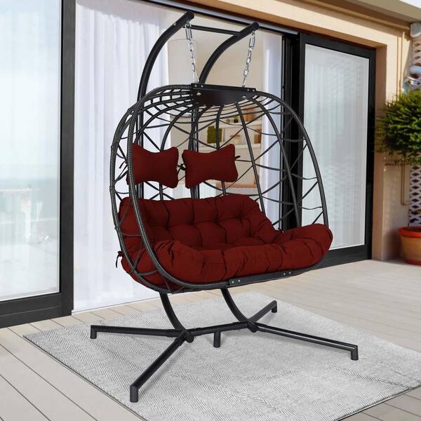 FINCATI Large Charcoal Gray Wicker 2 Person Patio Hanging Egg Chair with Balck Stand and Dark Red Cushions