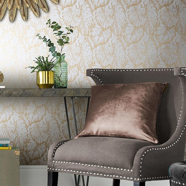 Tropical Pearl White and Gold Leaves Tropical Paste the Wall Wallpaper