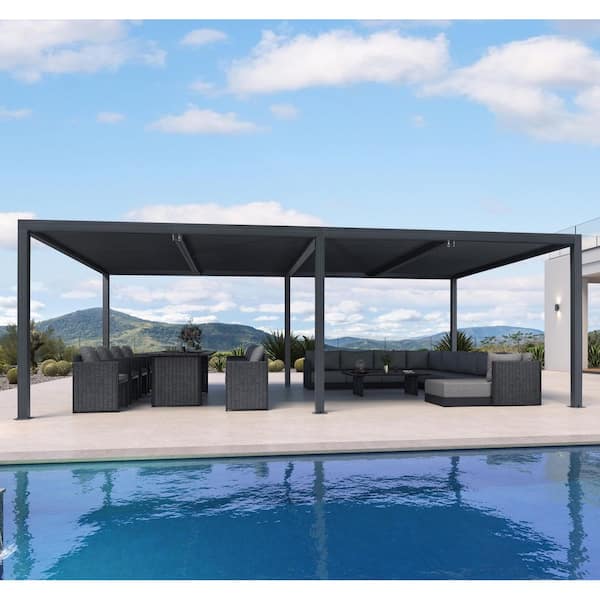 12 ft. x 24 ft. Gray Aluminum Frame Outdoor Hardtop Louvered Pergola with Adjustable Sunshade Roofs and In-Built Gutter