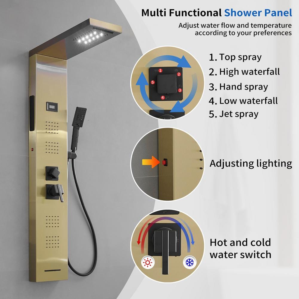 Gold Brushed Stainless Steel Shower Panel with LED and Handheld Wand
