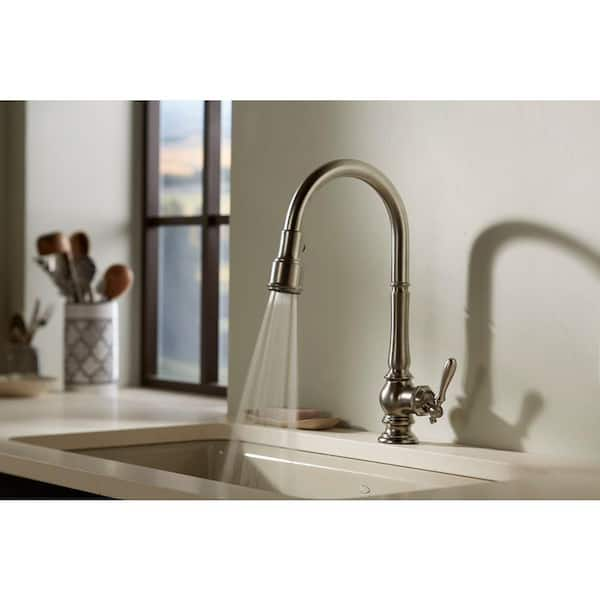 Kohler Artifacts Single Handle Pull Down Sprayer Kitchen Faucet In Vibrant Polished Nickel K 99259 Sn The Home Depot