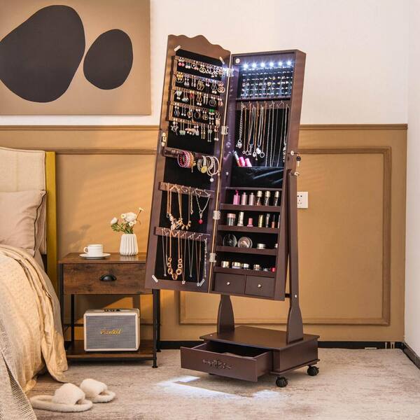 Mecale Brown Rolling Floor Standing Mirrored Jewelry Armoire with
