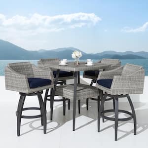 Cannes 5-Piece Wicker Outdoor Bar Height Dining Set with Sunbrella Navy Blue Cushions