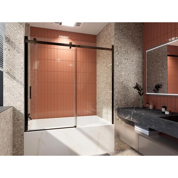 AZDHOME 56-60 in. W x 58 in. H Mod Semi-Frameless Sliding Bathtub Door in Matte Black with 5/16 in. (8mm) Clear Glass