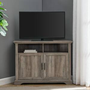 44 in. Grey Wash Composite Corner TV Stand Fits TVs Up to 48 in. with Storage Doors