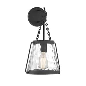 Crawford 10 in. W x 17.25 in. H 1-Light Matte Black Wall Sconce with Clear Water Glass Shade