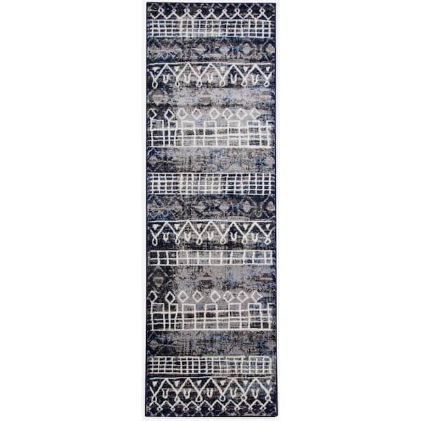 Amer Rugs Carlin Black/Blue 2 ft. 1 in. x 6 ft. 4 in. Moroccan Geometric Runner Rug