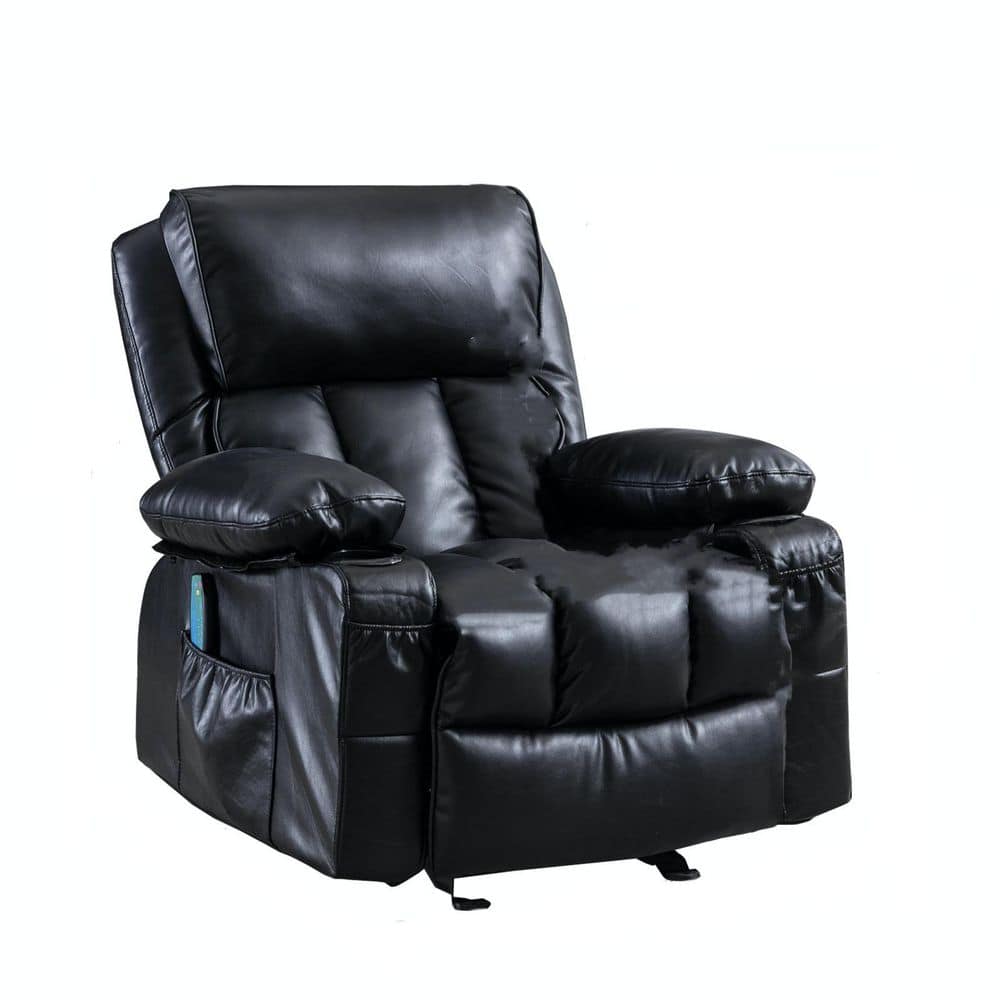 30° Rocking Black Faux Leather Recliner Chair with 8-Points Massage Lumbar