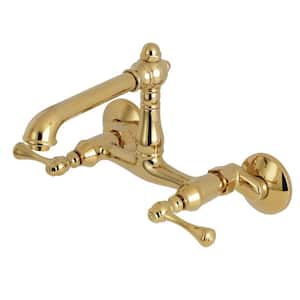 English Country Double Handle Wall-Mount Standard Kitchen Faucet in Polished Brass