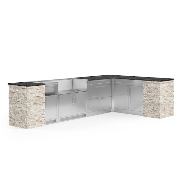 NewAge Products Signature Series Stainless Steel 11-Piece L Shape Outdoor Kitchen Cabinet Set with 40 in. Grill Cabinet and Granite Top