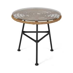 Orlando Light Brown and Black Round Woven Faux Rattan Outdoor Side Table with Glass Top