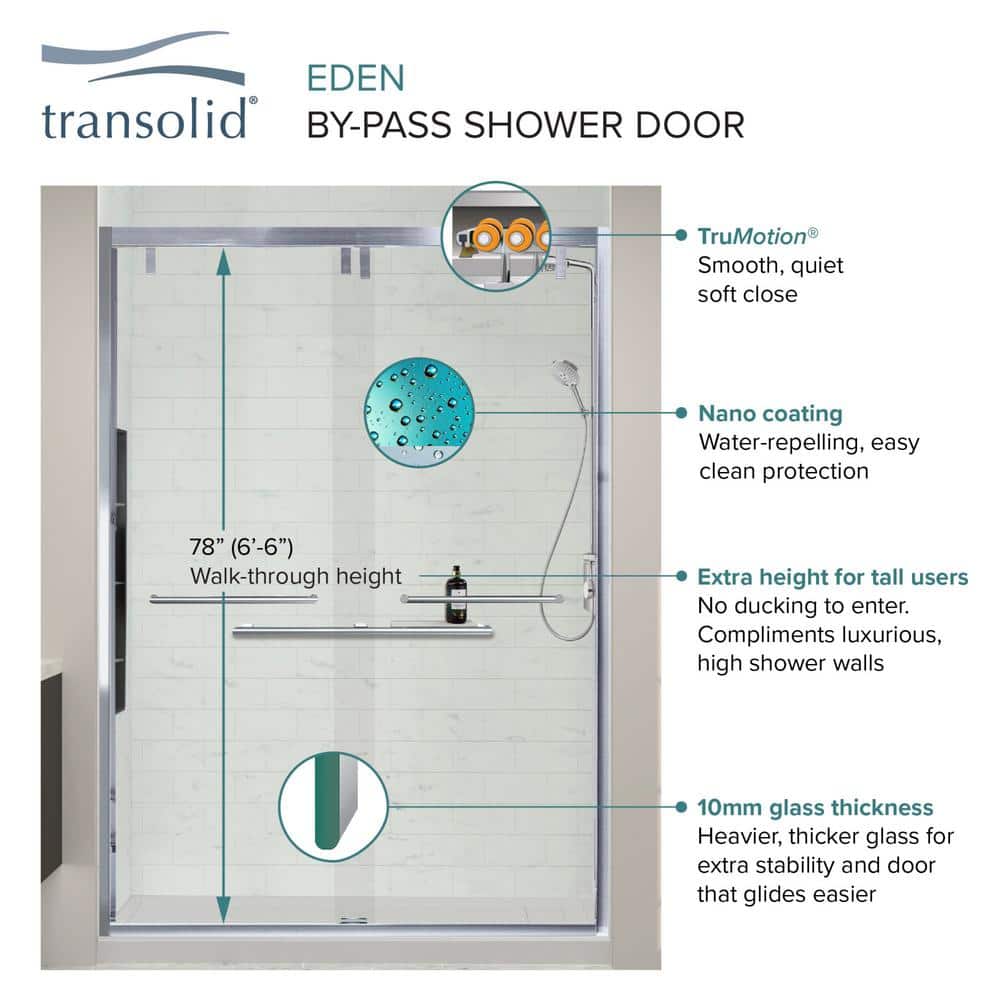 Eden 60" x 80" Clear Glass Sliding Shower Door with Brushed Nickel Finish