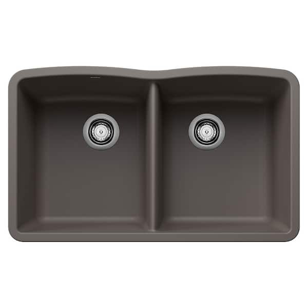 Blanco DIAMOND Silgranit 32 in. Undermount 50/50 Double Bowl Volcano Gray Granite Composite Kitchen Sink