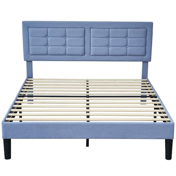 Upholstered Bed Light Blue Wood and Metal Frame Full Platform Bed with Adjustable Headboard Bed Frame