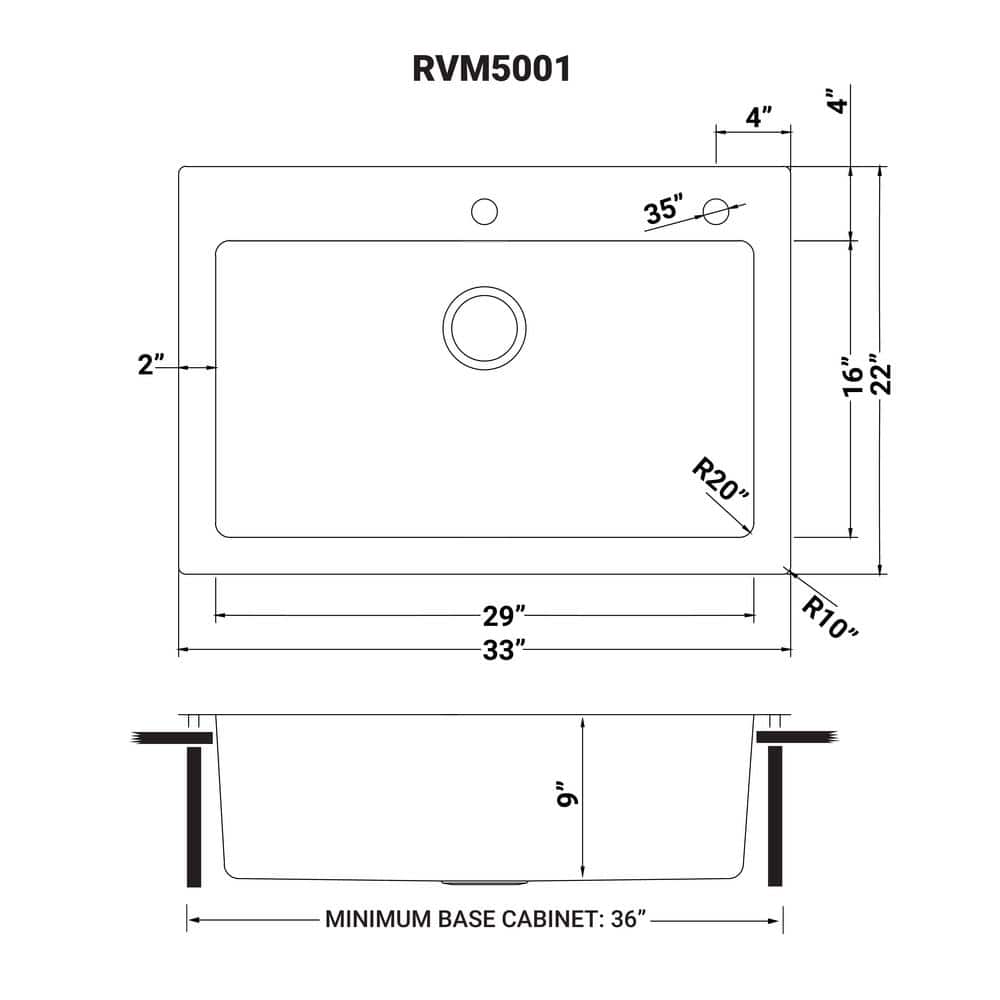 Ruvati 33 x 22 Inch Stainless Steel Drop-In Single Bowl Kitchen Sink