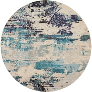 Celestial Ivory/Teal Blue 8 ft. x 8 ft. Abstract Modern Round Area Rug