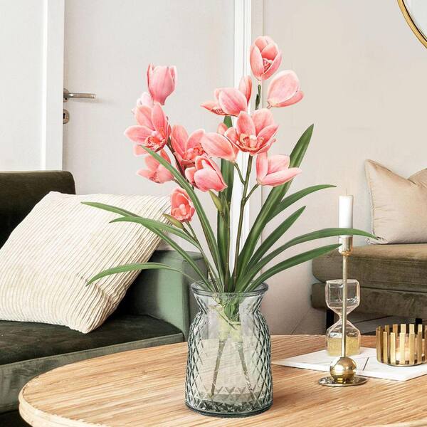 LIVING LUXURY 20 in. Coral Pink Artificial Cymbidium Orchid Plant