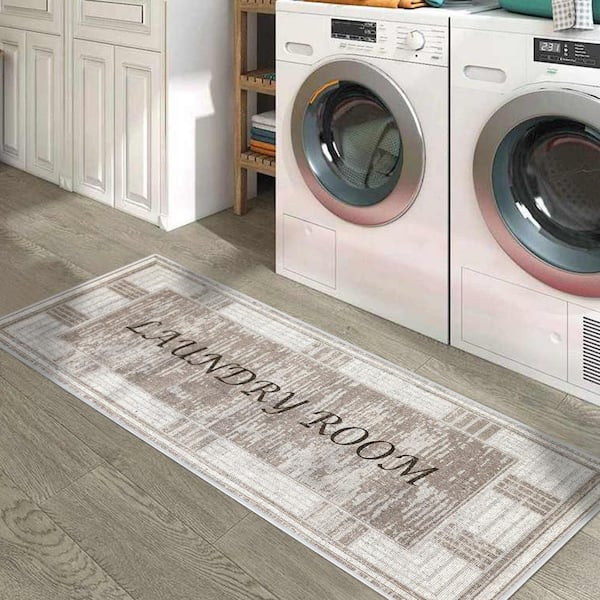 Laundry Room Brown-Cream 1 ft 8 in. x 4 ft 11 in. Cotton Runner Rug