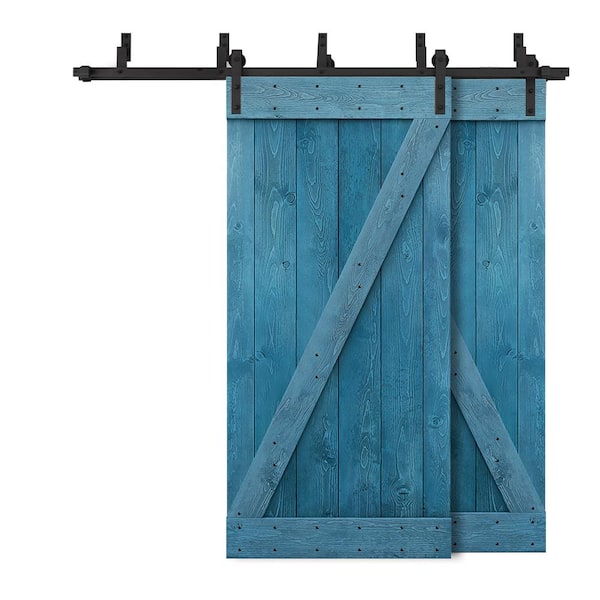 CALHOME 72 in. x 84 in. Z Bar Bypass Ocean Blue Stained Solid Pine Wood Interior Double Sliding Barn Door with Hardware Kit