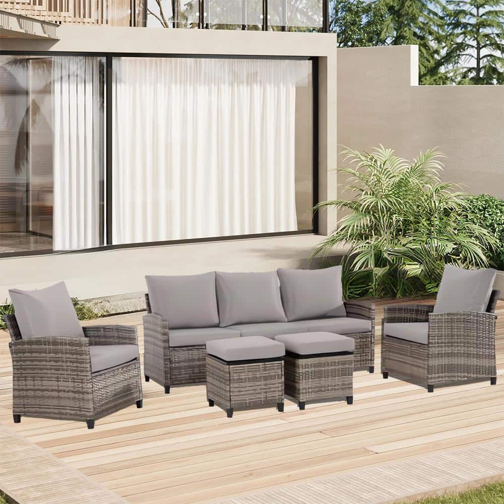 5-Piece Gray Wicker Outdoor Sectional Set with Gray Cushions and Ottoman