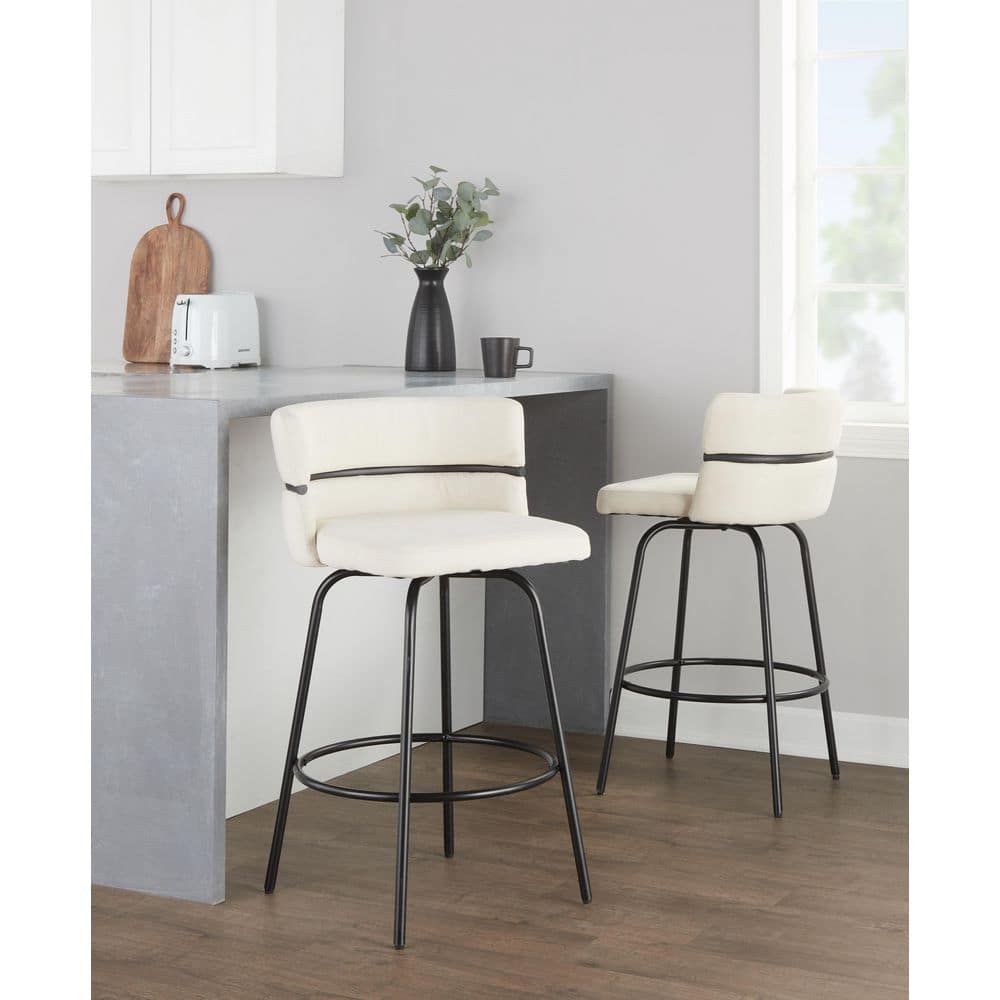 Cinch 26" Cream Fabric and Black Metal Swivel Counter Stools, Set of 2