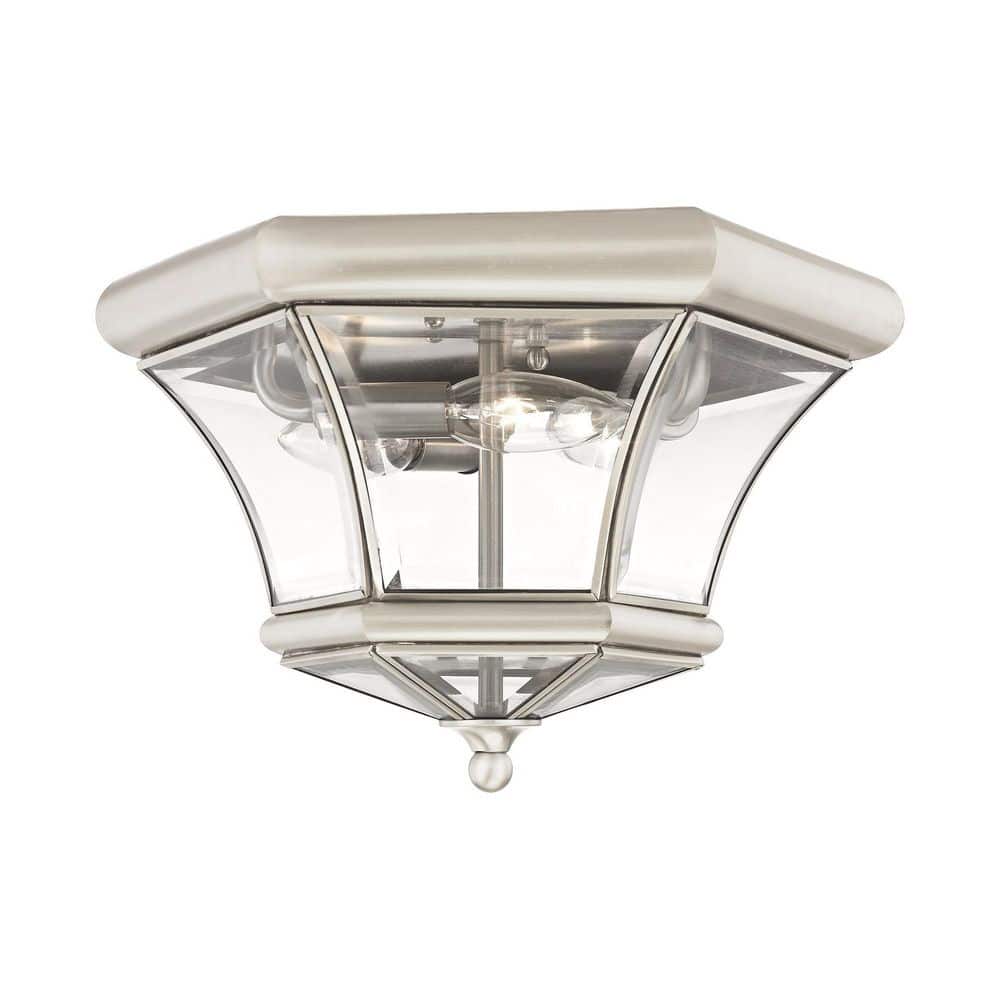 Brushed Nickel 3-Light Indoor/Outdoor Flush Mount with Clear Glass