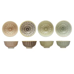 Multicolor Stoneware Bowls with Painted Patterns (Set of 4)
