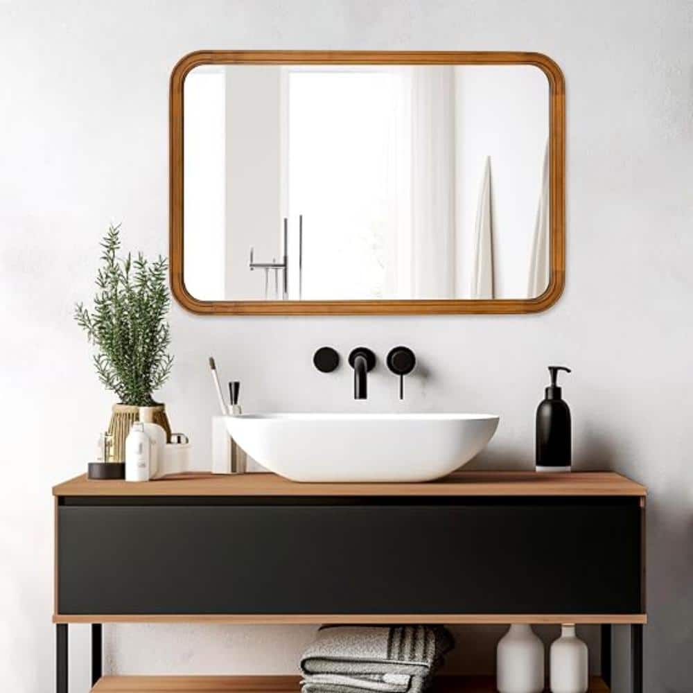30 in. W x 40 in. H Wood Framed Brushed Wall-Mounted Beveled Frame Bathroom Vanity Mirror, Natural price history on PriceWatchPro