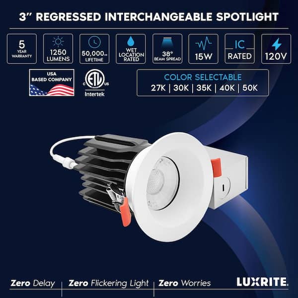 3 in. Integrated LED Regressed Canless Spotlight Plus Round White Trim, 5CCT,15W,1250LM, CRI90, Dimmable 38° Beam 4 Pack