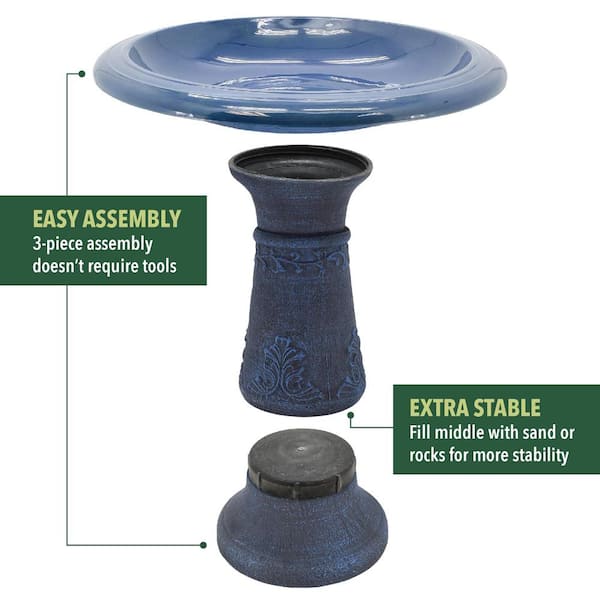 19.5 L x 19.5 W x 20.5 H Outdoor Blue Fiberclay Birdbath Garden Decor, Antique Vintage Water Bowl for Backyard and Patio