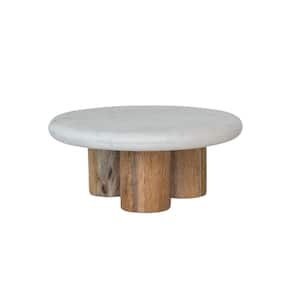 1-Tier White & Natural Round Marble and Wood Cake Stand