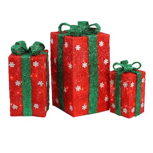 Lighted Tall Red Sisal Gift Boxes Christmas Yard Art Decorations (Set of 3)