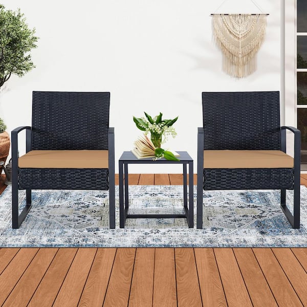 Tenleaf 3-Piece Black Wicker Outdoor Bistro Set Chat Set with Brown Cushions, Outdoor Lounge Chair with Table