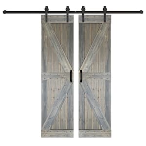 K Series 56 in. x 84 in. Aged Barrel Finished DIY Solid Wood Double Sliding Barn Door with Hardware Kit