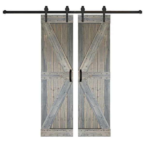 ISLIFE K Series 56 in. x 84 in. Aged Barrel Finished DIY Solid Wood Double Sliding Barn Door with Hardware Kit