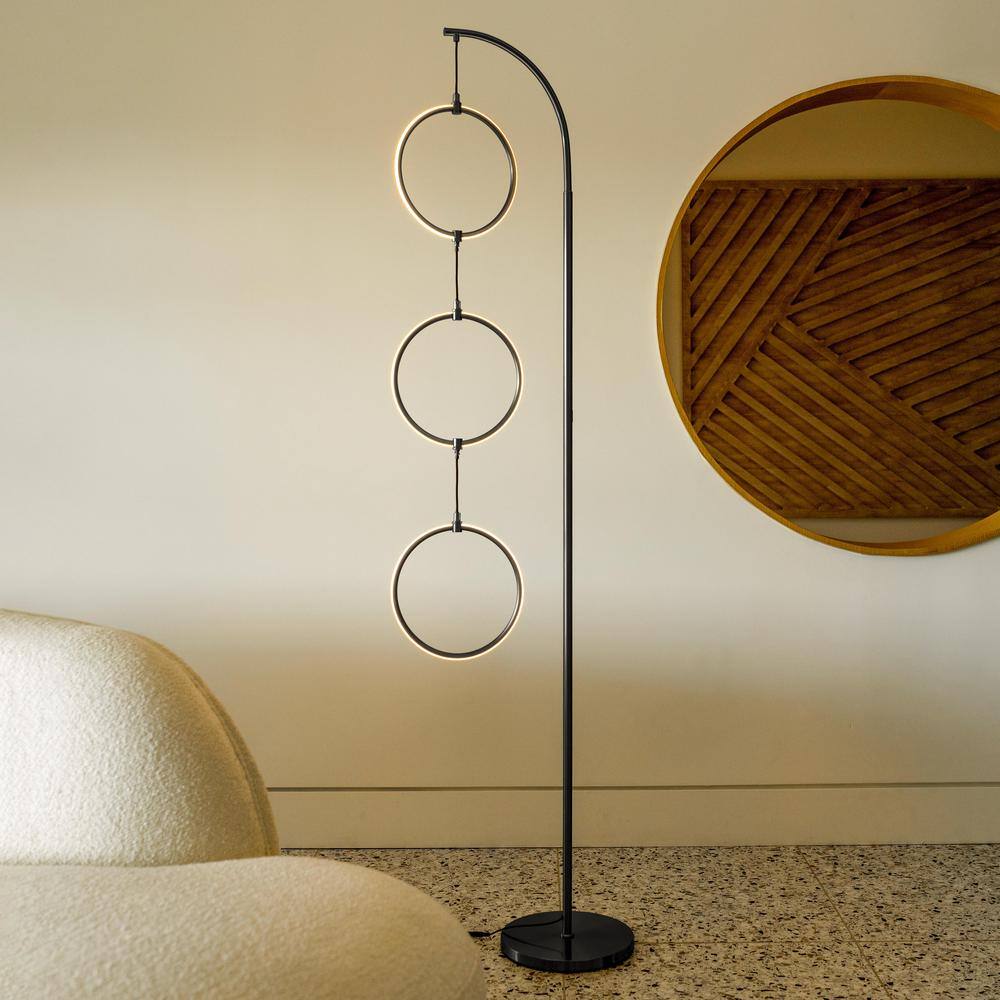 Nova 74" Black LED Arc Floor Lamp with 3 Rings