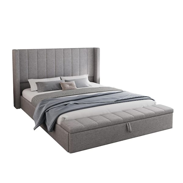 Gray Wood Frame Queen Platform Bed with Headboard, Upholstered and Storage for Bed Room